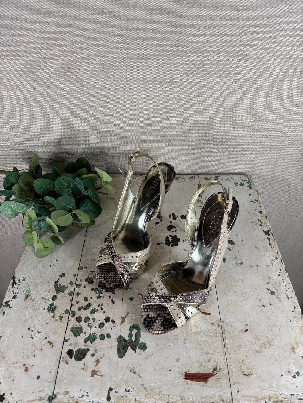 GUESS > Metallic Gold Slingback Heels with Snakeskin Accent 8